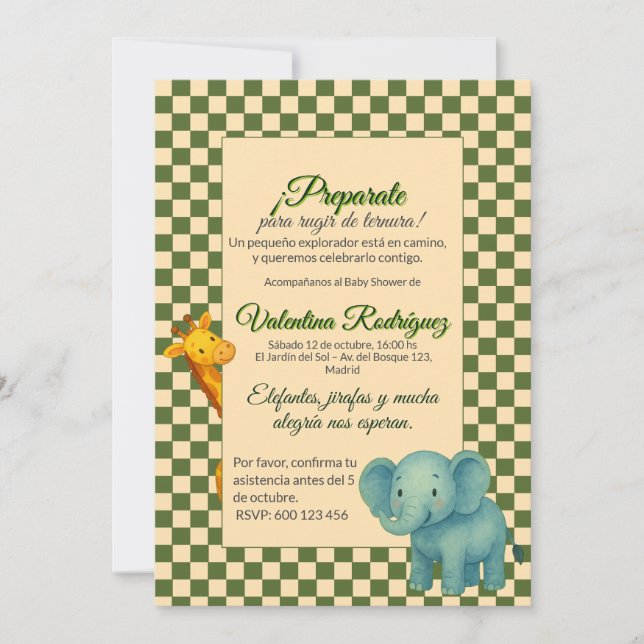 Convites Baby Shower Safari Editable Chess pattern Elefante (Frente)