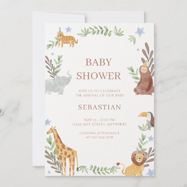 Convites baby shower watercolor forest animals (Frente)