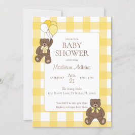 Convites Baby Shower Yellow and White Plaid Teddy Bears