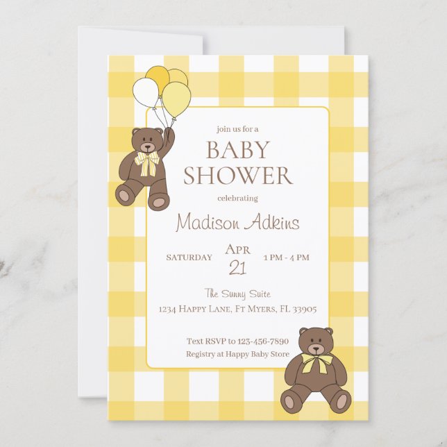 Convites Baby Shower Yellow and White Plaid Teddy Bears (Frente)