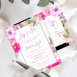 Convites Baby Sip and See Floral Rosas Douradas Rosa