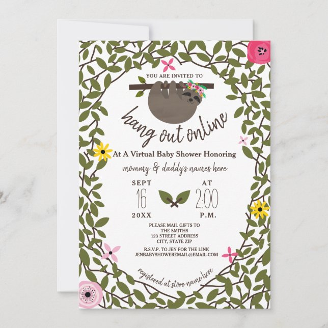 Convites Baby Sloth Floral Virtual Girl Chá de fraldas (Frente)