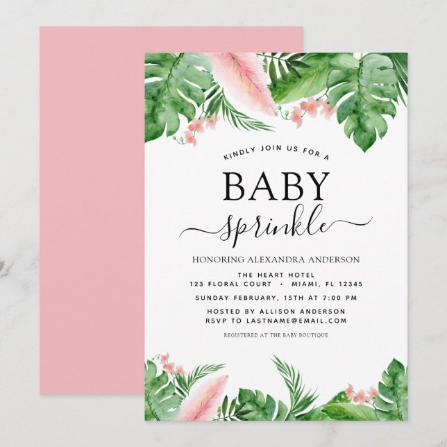 Convites Baby Sprinkle Chá Tropical Palm Floral (Frente/Verso)