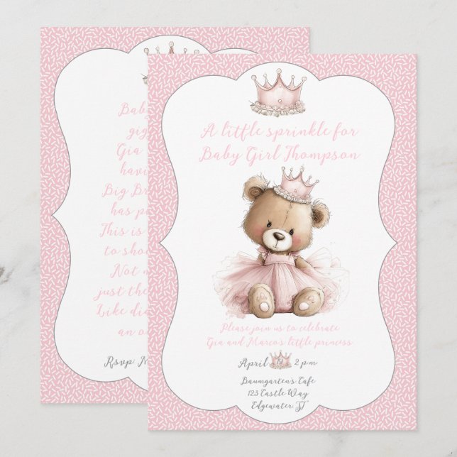 Convites Baby Sprinkle Invitation Teddy Bear Princess (Frente/Verso)
