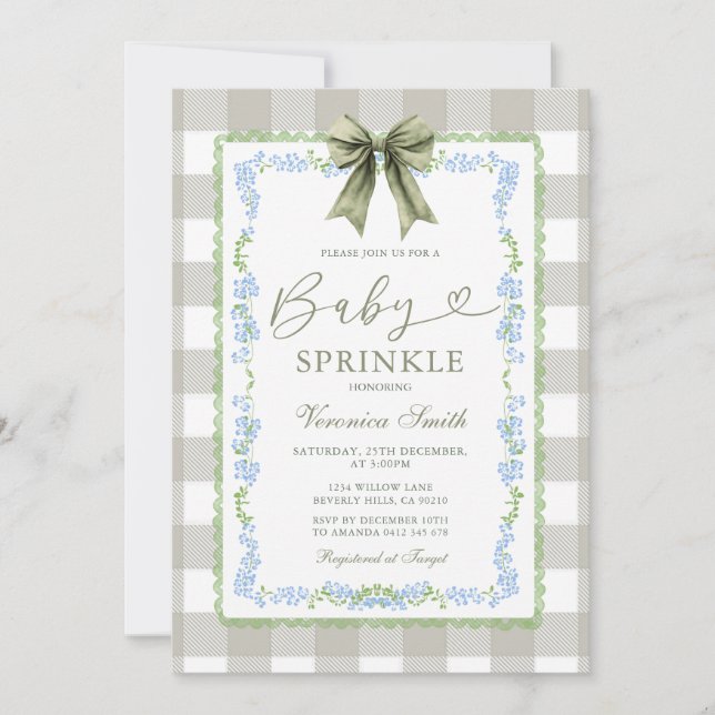 Convites Baby Sprinkle Sage Gingham Floral Bow Invitation  (Frente)