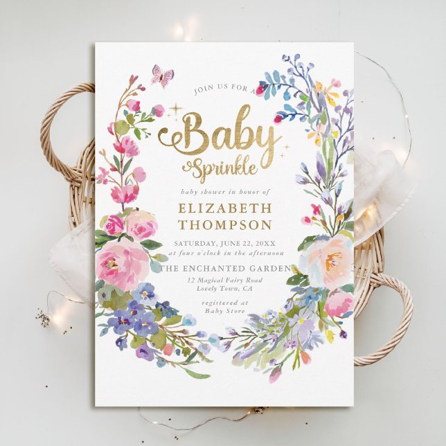 Convites Baby Sprinkle Wildflower Chá de fraldas (baby sprinkle baby shower invitation enchanted garden woodland forest spring summer whimsical floral)