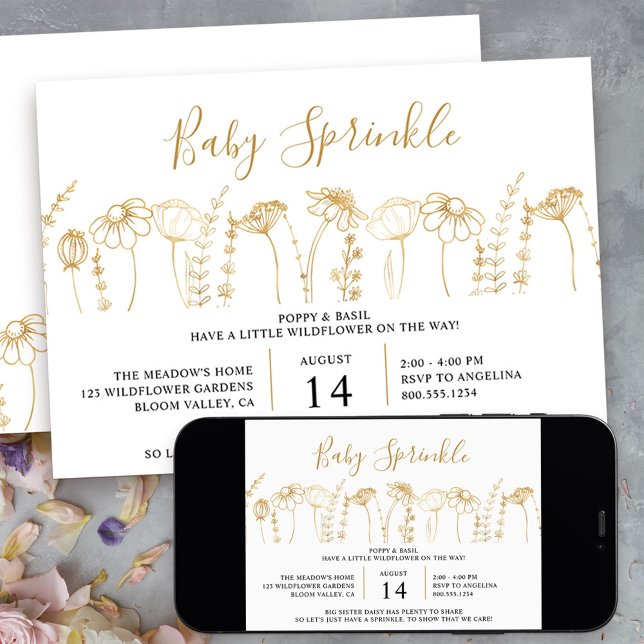 Convites Baby Sprinkle Wildflower Dourado SketChá de fralda (little wildflower sprinkle invitation in gold and white - message me to create additional templates)
