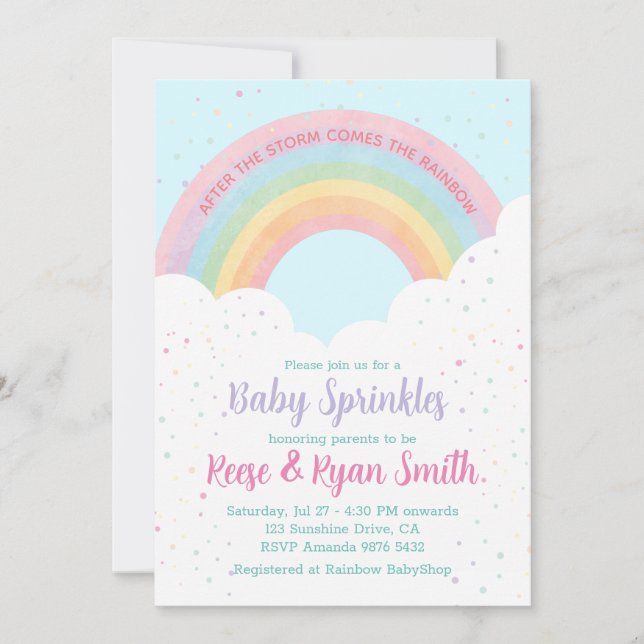 Convites Baby Sprinkles Pastel Chá de fraldas Arco-Íris (Frente)