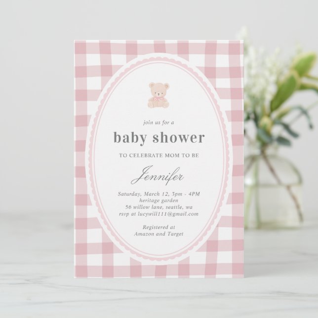 Convites Baby Teddy bear Baby shower Pink Gingham (Em pé/Frente)
