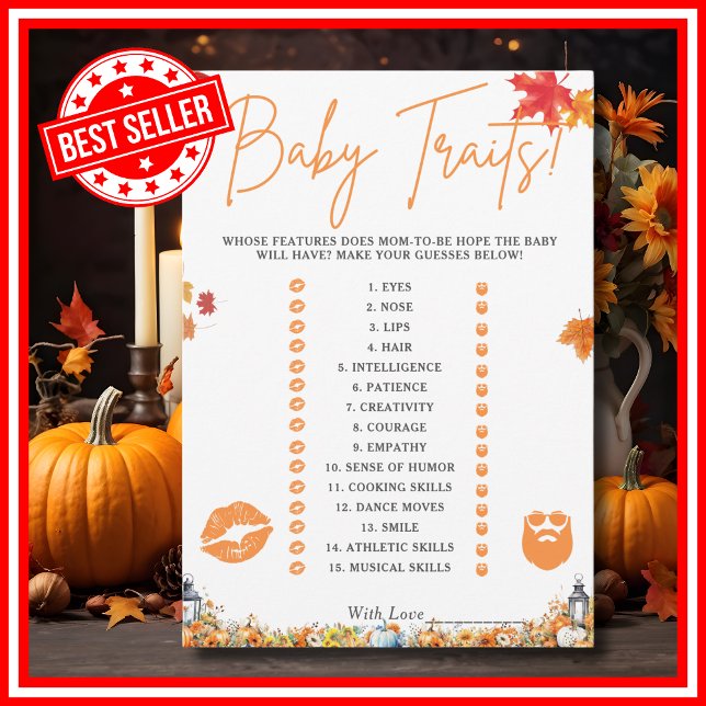 Convites BABY TRAZ JOGO FÁCIL Chá de fraldas Jogo (BABY TRAITS GAME Easy Baby Shower Game A Little Pumpkin is on the Way Theme )