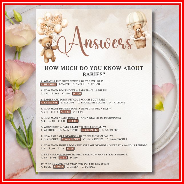 Convites BABY TRIVIA & RESPOSTAS Chá de fraldas Jogo Urso (Criador carregado)