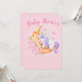 Convites Baby Unicorn Over The Moon with Flowers