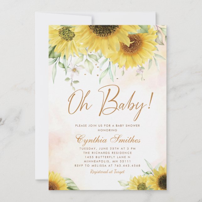 Convites Baby Watercolor Sunflower Floral (Frente)