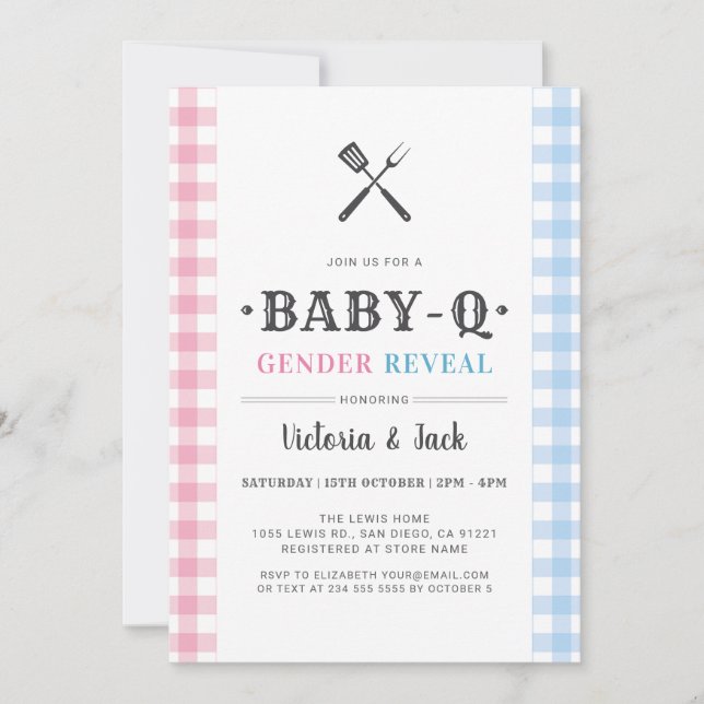 Convites BabyQ Gender Reveal Gingham CHURRASCO (Frente)