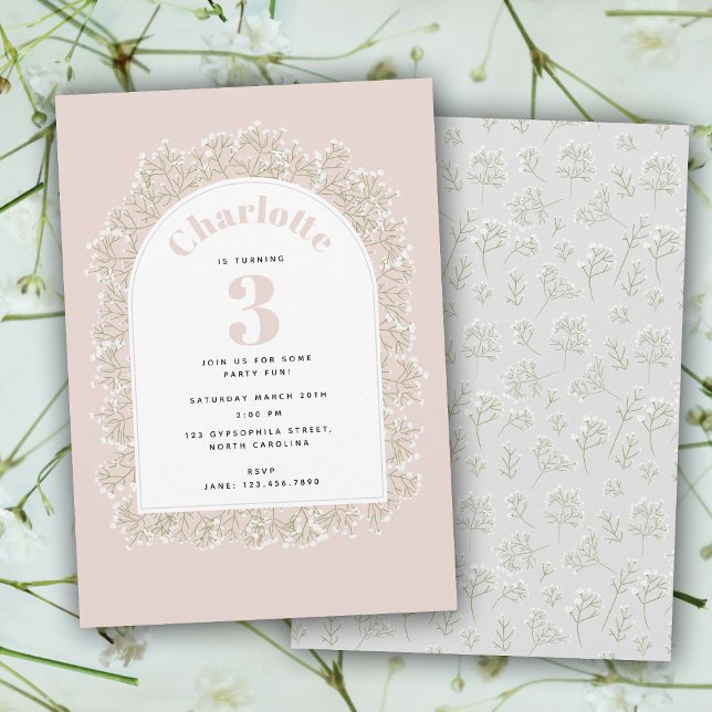 Convites Baby's Breath Girl Pink Gypsophila Kids Birthday (Baby's Breath Girl Pink Gypsophila Kids Birthday Invitation)