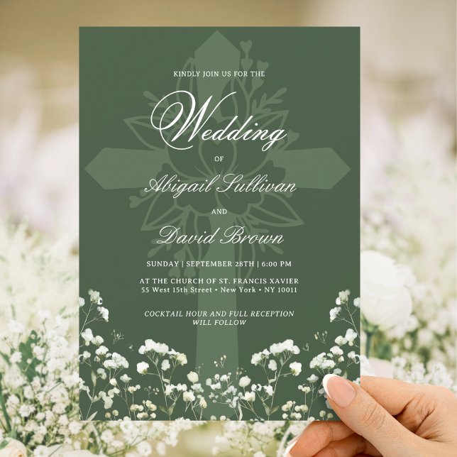 Convites Baby's Breath on Sage Green Religious Wedding (Criador carregado)
