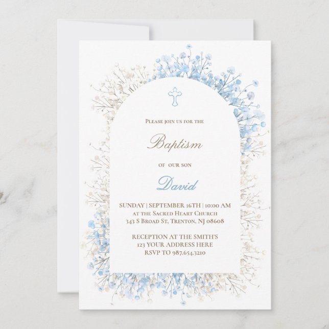 Convites Baby's Breath white blue baby boy Baptism (Frente)