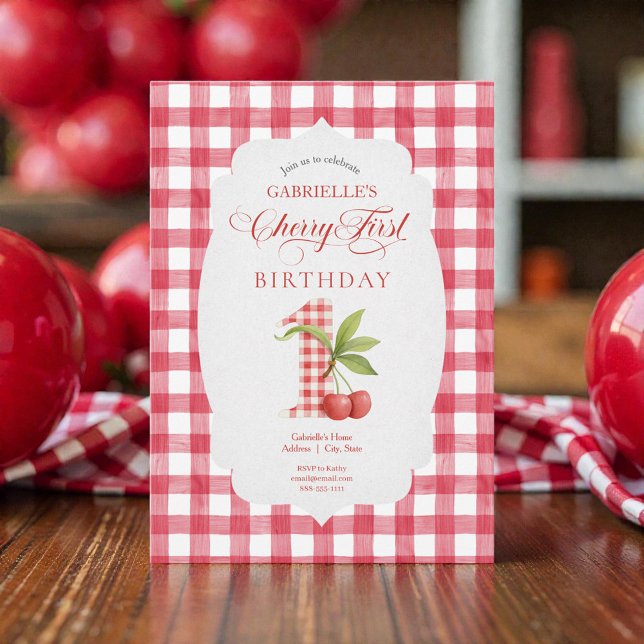 Convites Baby's Cherry First Red Gingham Birthday (Criador carregado)