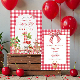 Convites Baby's Cherry First Red Gingham Birthday