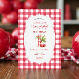 Convites Baby's Cherry First Red Gingham Birthday