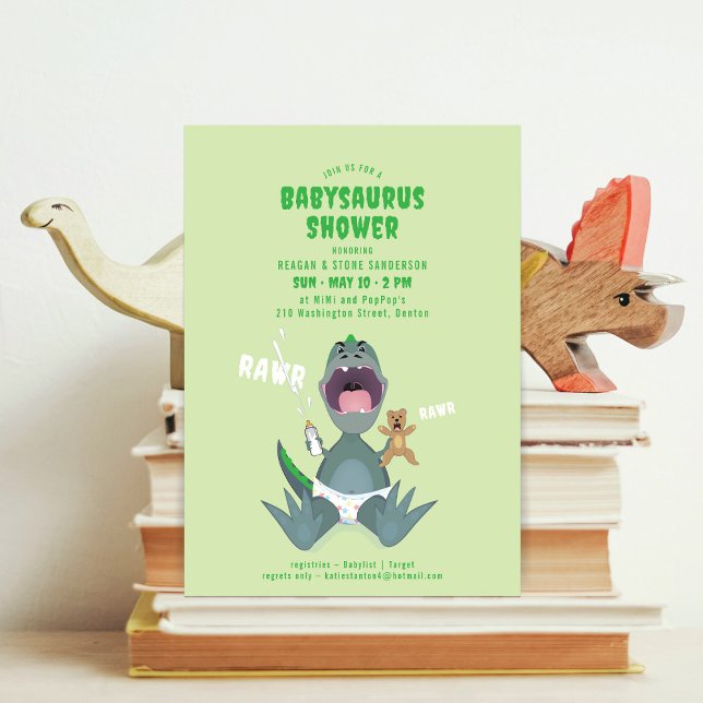 Convites Babysaurus T-rex Green Baby Shower Invitation (Criador carregado)