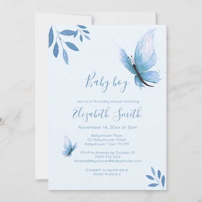 Convites Babyshower floral de borboleta azul-aquarela (Frente)