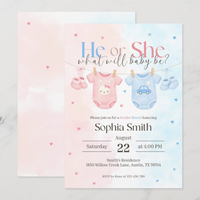 Convites Babyshower Invite, Gender Reveal Invitation (Frente/Verso)