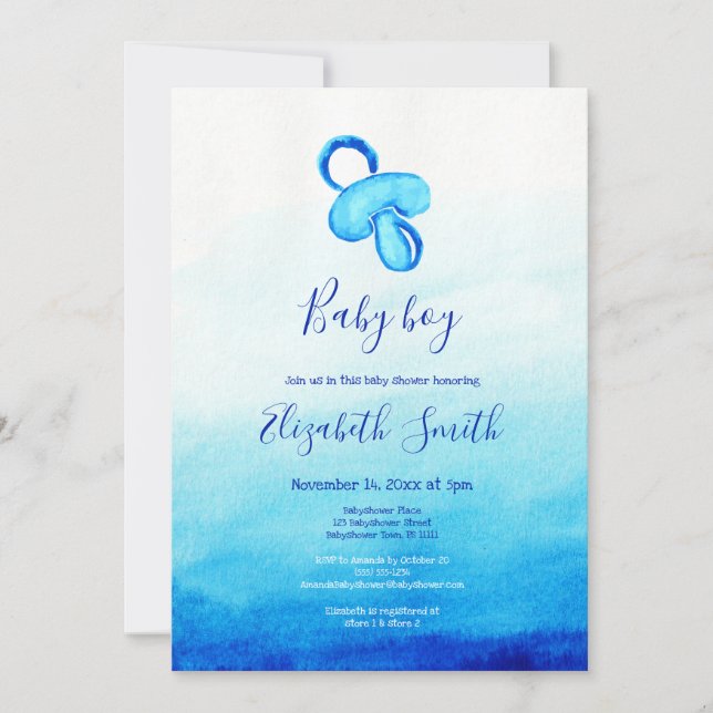 Convites Babyshower pacificador azul-aquarela (Frente)