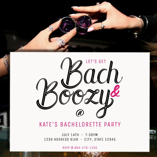 Convites Bach & Boozy White & Festa de solteira rosa (Bach & Boozy Black & Pink Bachelorette Party Invitation
)