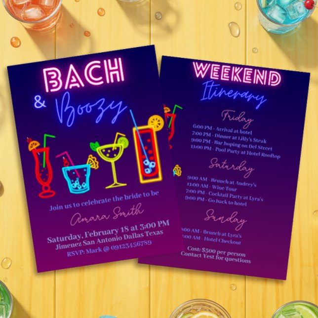 Convites Bach e Noiva Bêbada com Itinerário (Bach and Boozy Bachelorette with Itinerary Invitation)