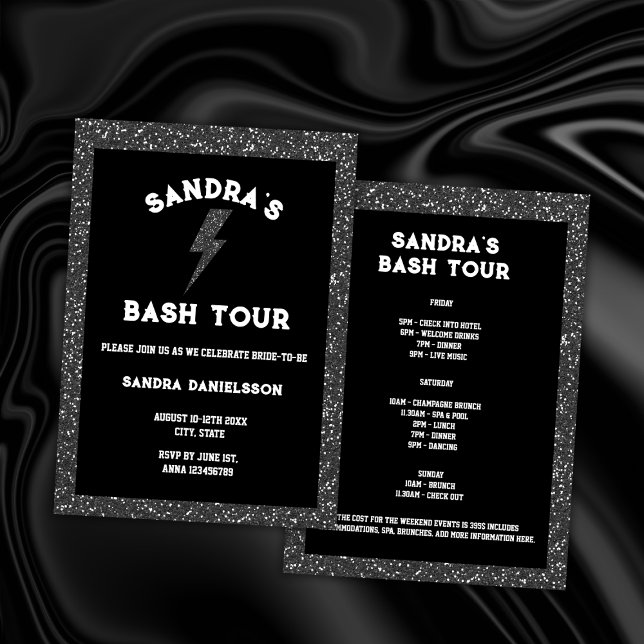 Convites Bach Tour Black Rock and Roll Bachelorette Weekend (rock bachelorette party invitation weekend itinerary bach tour black gliter)