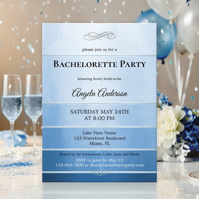 Convites Bachelorette Azul-Cinzento (Bachelorette party invitation featuring a blue tone on tone striped design with a silver lining)