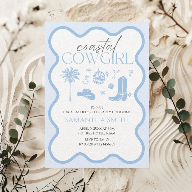 Convites Bachelorette Azul de Garota Costeira Ilustrada à M (Coastal Cowgirl Bachelorette Party Invitation)
