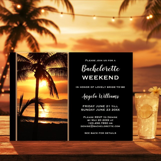 Convites Bachelorette Beach Weekend Itinerary  (Beach bachelorette weekend itinerary template featuring a sunset at a tropical beach with palm trees)