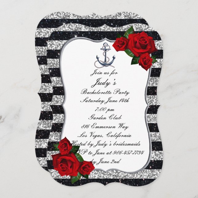 Convites Bachelorette Black Stripes Náuticas Anchor (Frente/Verso)