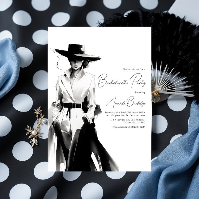 Convites Bachelorette Branca e Negra Estética de Dinheiro A (Old Money Aesthetic Black and White Bachelorette Invitation)