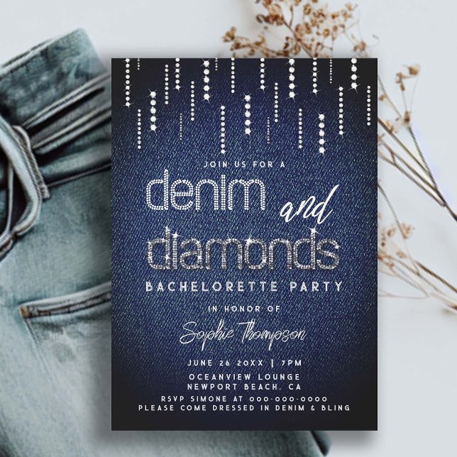 Convites Bachelorette Chic Clássica de Glam de Ouros Denim (denim and diamonds bachelorette party glam glitter drippings ladies night out country party classy)