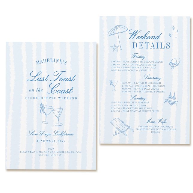 Convites Bachelorette Costeira Última Tiras Desenhadas De M (coastal bachelorette party invitation last toast on the coast hand drawn stripes blue itinerary)
