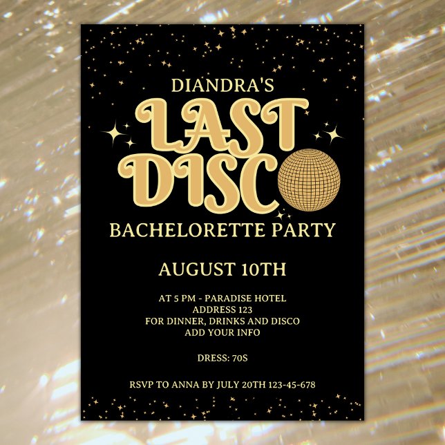 Convites Bachelorette da última versão retrorativa do Disco (Last disco retro golden glitter bachelorette party invitation)