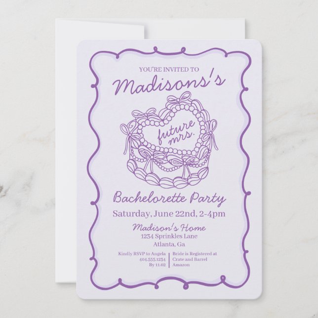 Convites Bachelorette de Bolo Retro Cardíaco com Arco Roxo (Frente)