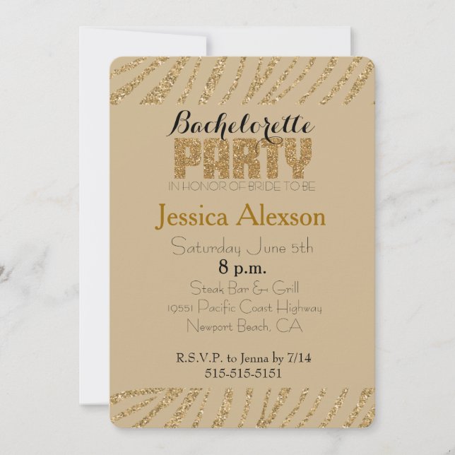Convites Bachelorette de Falhas de Impressão Zebra Dourada (Frente)