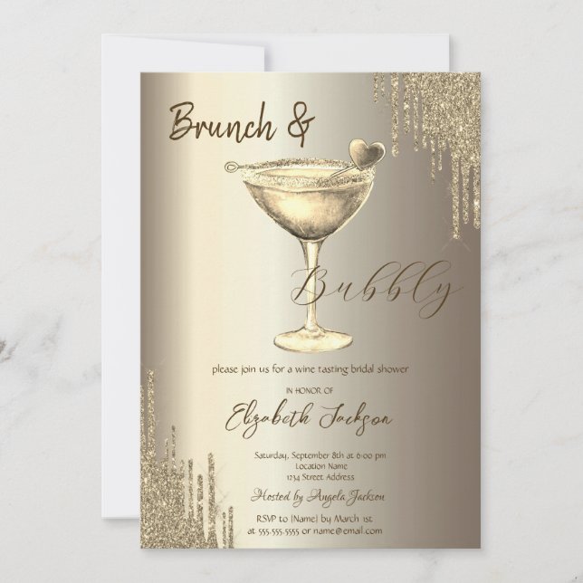 Convites Bachelorette de Glitter Cardíaco Dourado Cocktail (Frente)