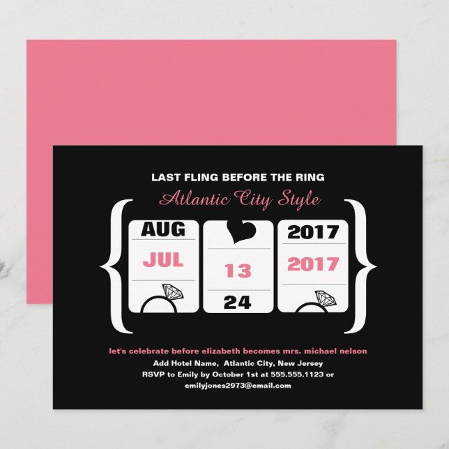 Convites Bachelorette de máquina de slot rosa e preta (Frente/Verso)