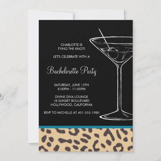 Convites bachelorette de martini do impressão do leopardo (Frente)