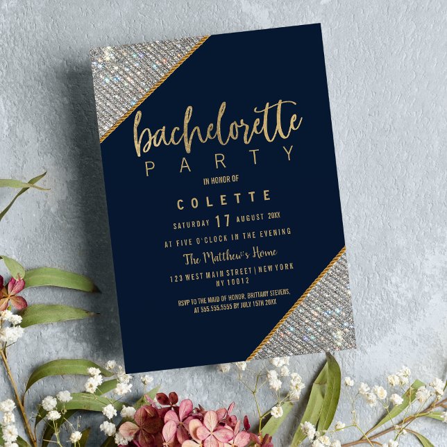 Convites Bachelorette de ouro azul-marinho Elegante (Elegant navy blue gold silver glitter Bachelorette Invitation)