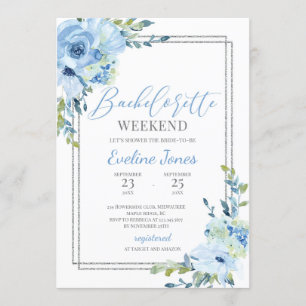 Convites Bachelorette de prata floral azul de Boho
