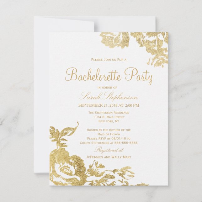 Convites Bachelorette Dourado floral moderno simples (Frente)