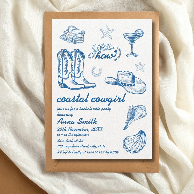 Convites Bachelorette Escrita Mão Azul Cowgirl Costeira (coastal cowgirl bachelorette party invitation)