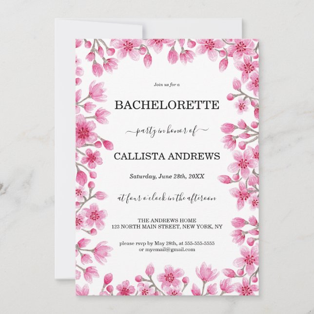 Convites Bachelorette Floral de Flor de Cereja Elegante (Frente)