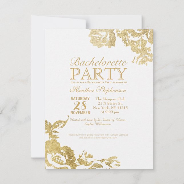 Convites Bachelorette Floral Dourada Simples Elegante (Frente)
